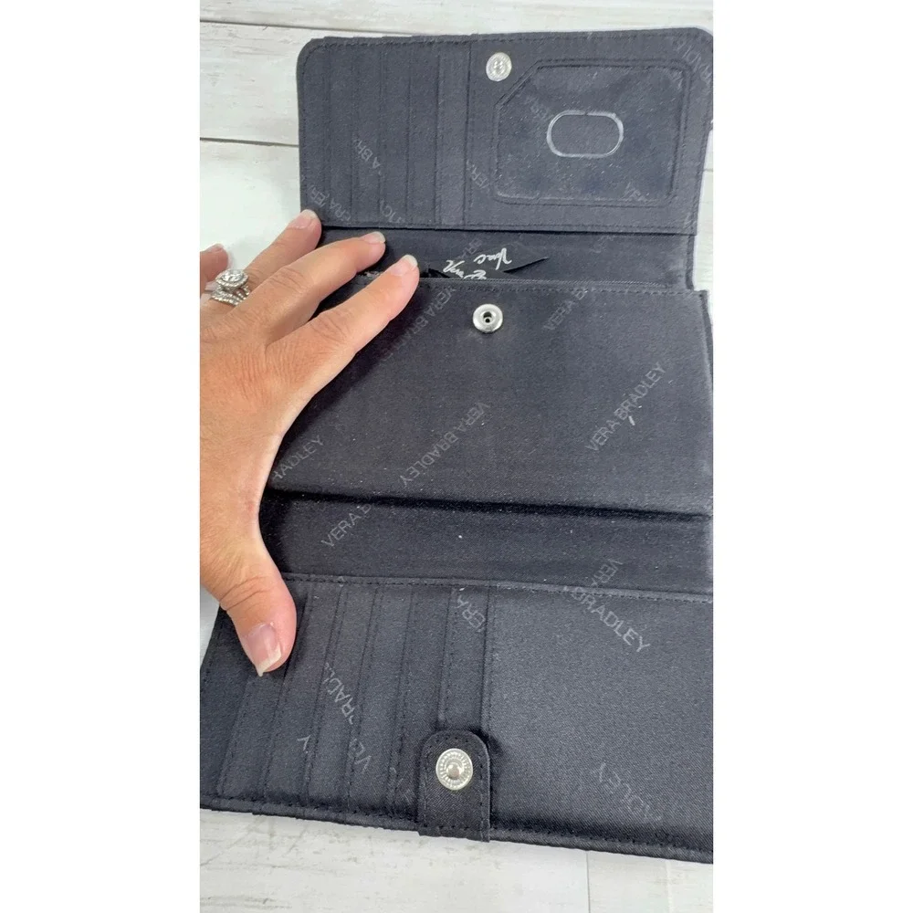 Vera Bradley Black Quilted Cotton Trifold Wallet Patent Trim Silver Logo Plaque - Picture 3 of 4